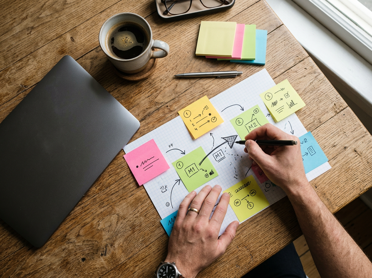 Un plan de lancement dessiné sur des notes adhésives posées sur un bureau